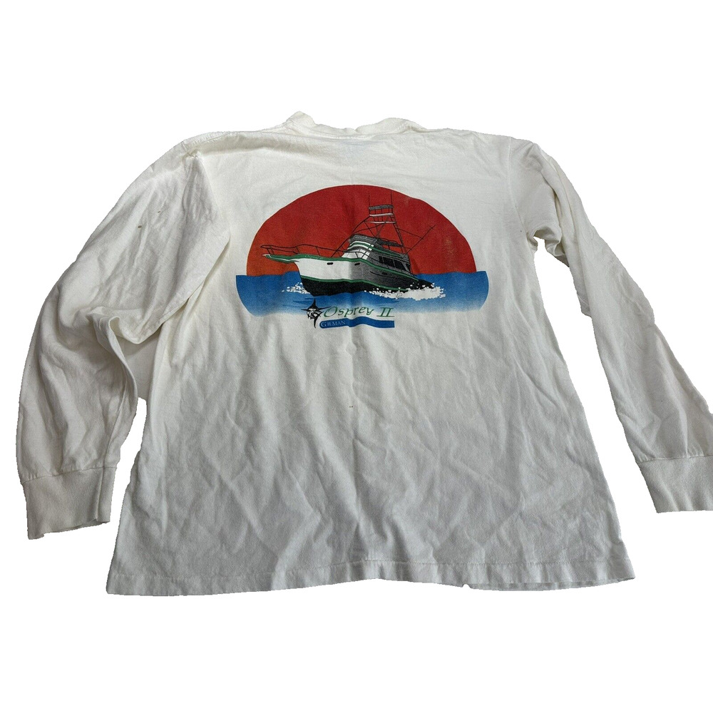 VTG Jensen Activewear LR Tshirt White Made in USA Osprey 2 Fishing Boat Gorpcore